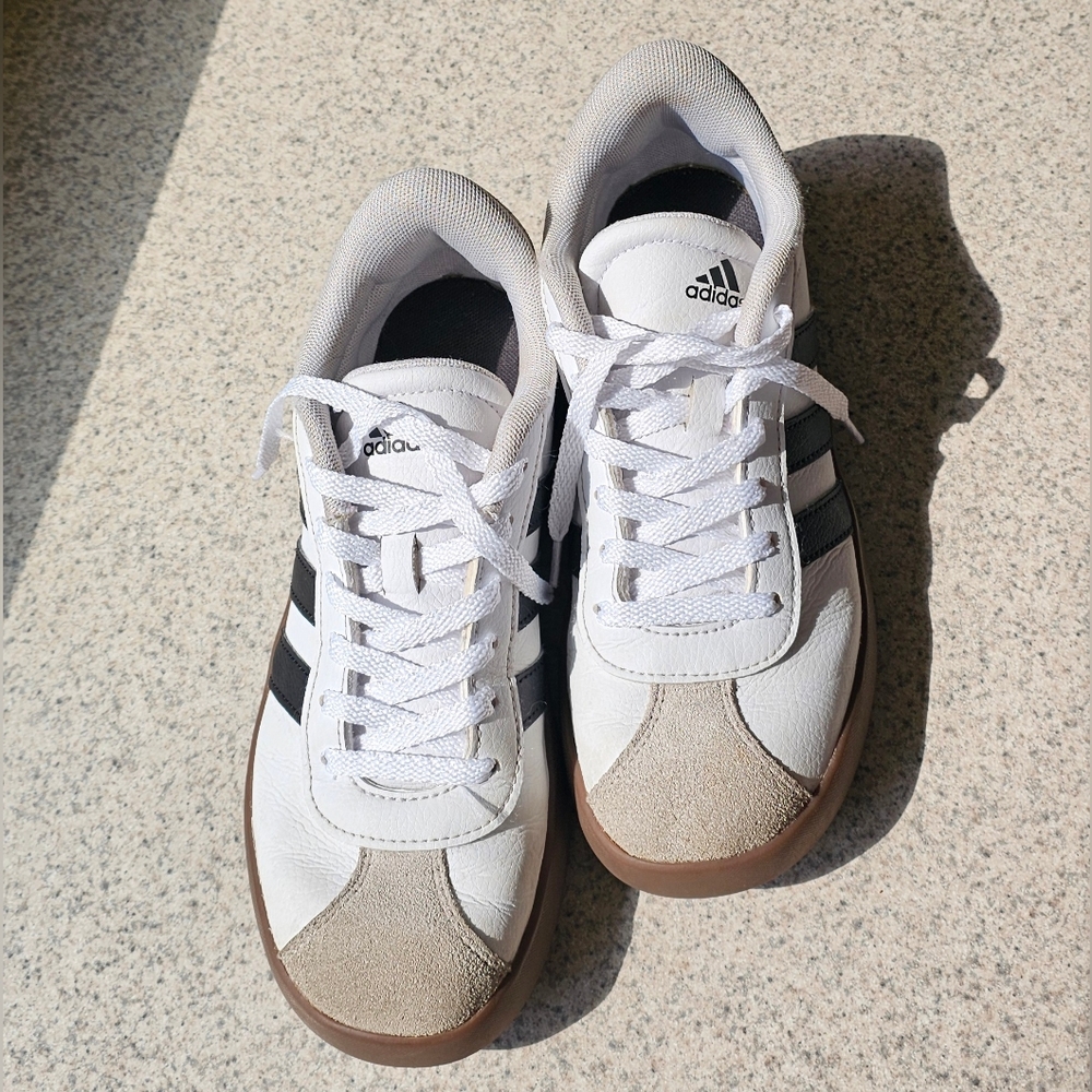 Adidas Classic White and Black Sneakers with Tan Accents
